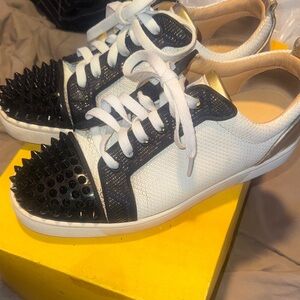 Christian Louboutin White and Black Spiked Sneakers
